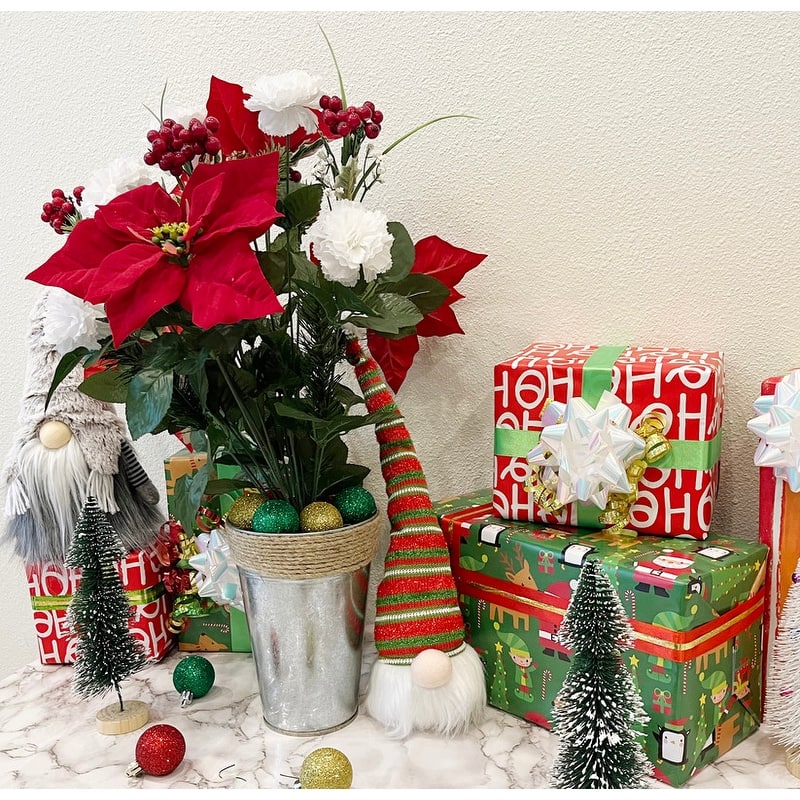 GPB0707-RD/WT Faux Velvet Poinsettia Carnation Berry Christmas Bush, Red/White - N/A