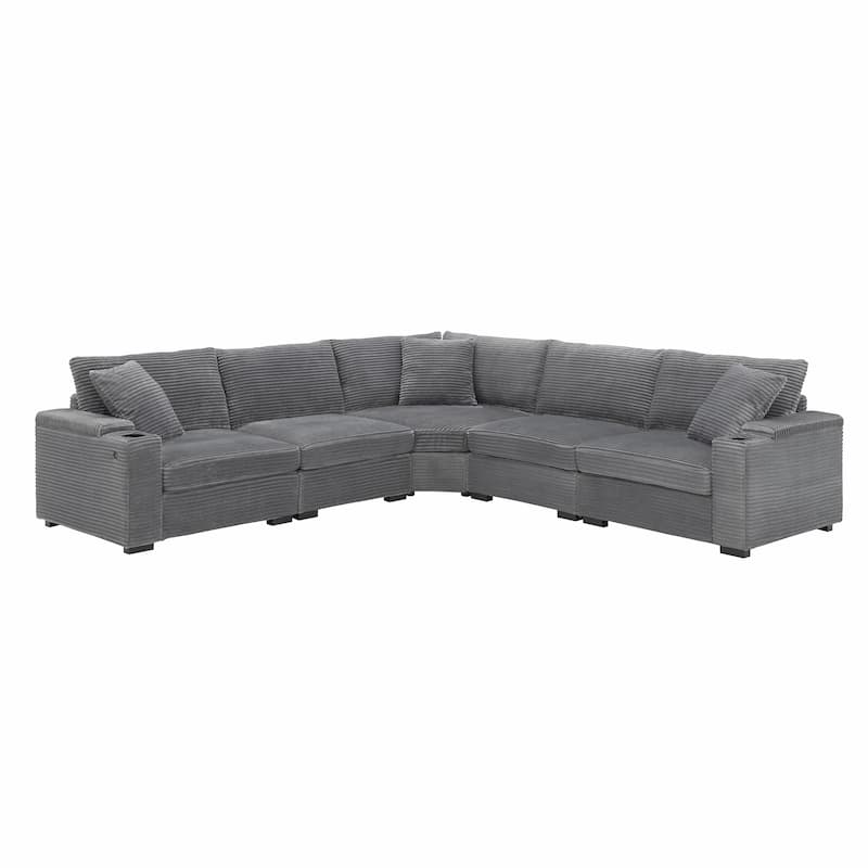 Convertible L Shaped Sectional Sofa, Oversized Corduroy Upholstered Sofa, Modular Corner Sofa with Cup Holders & USB Charger