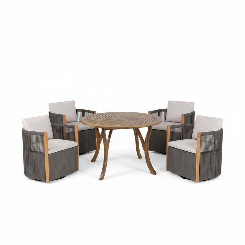 Christopher Knight Home - Faye 5-Piece Outdoor Acacia Wood Swivel Dining Set with Rope Cushioned Chairs & Curved-Leg Round Table