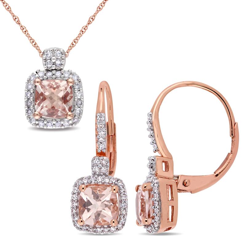Miadora 2 PC Set 1/3ct TW Diamond Morganite Cushion Jewelry Set 10k Rose Gold