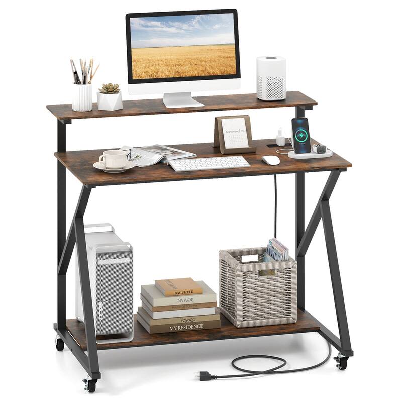 Costway Rolling Computer Desk with Charging Station Monitor Stand - Rustic Brown