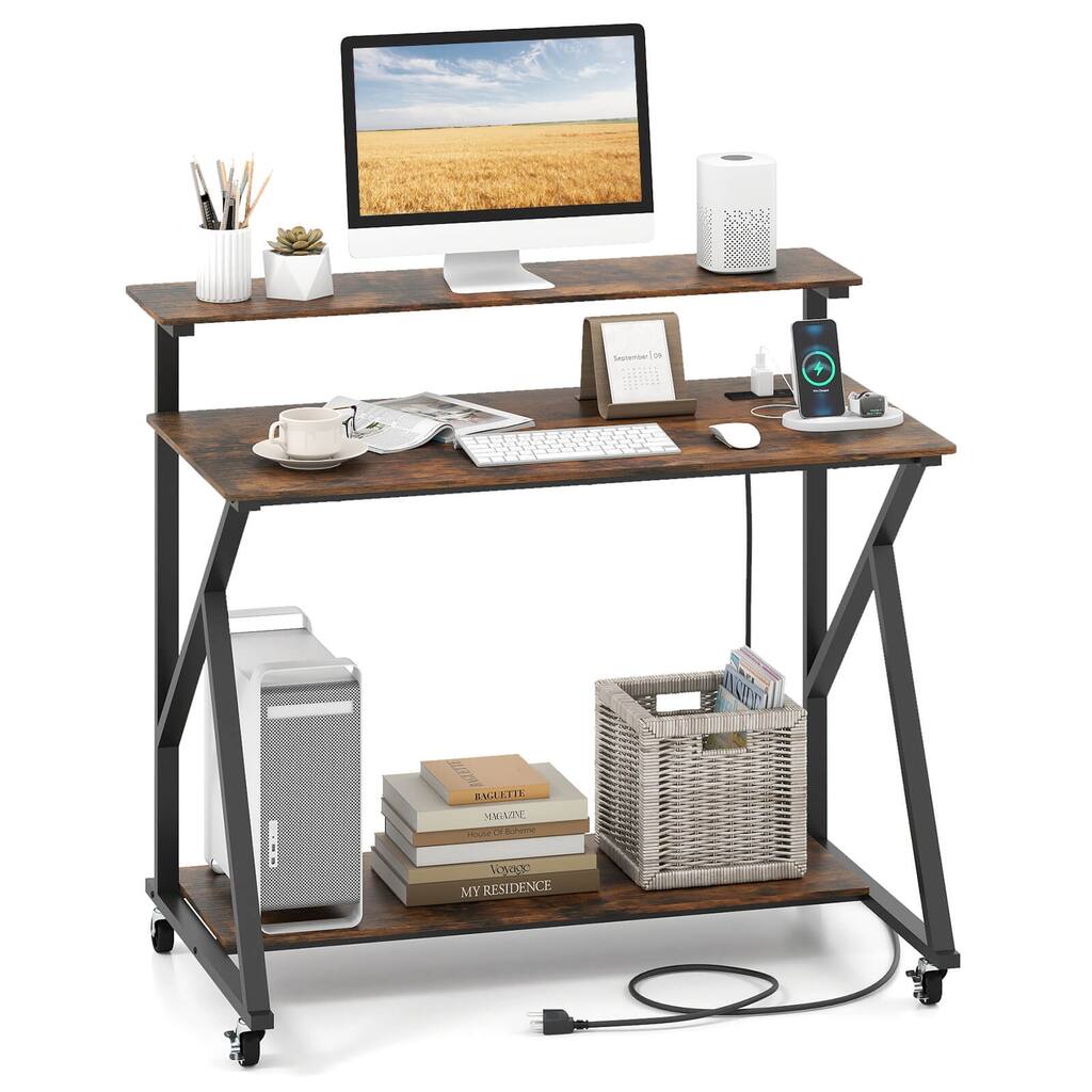 Costway Rolling Computer Desk with Charging Station Monitor Stand