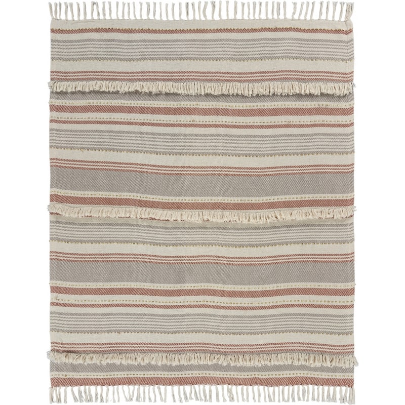 60" X 50" Beige Woven Cotton Striped Throw Blanket with Fringe