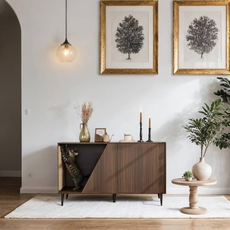 Modern Sideboard Cabinet with Cat Scratching Board, Pet-Friendly Storage Buffet with Spring-Loaded Door