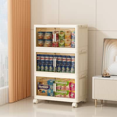 20"W 3 Tiers Plastic Folding Storage Cabinet with Magnetic Door,Wheels
