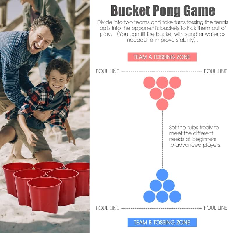 Outdoor Yard Pong Game Set with 12 Red Buckets and 2 Balls Portable Backyard Party Game - 7.5" x 7" (H)