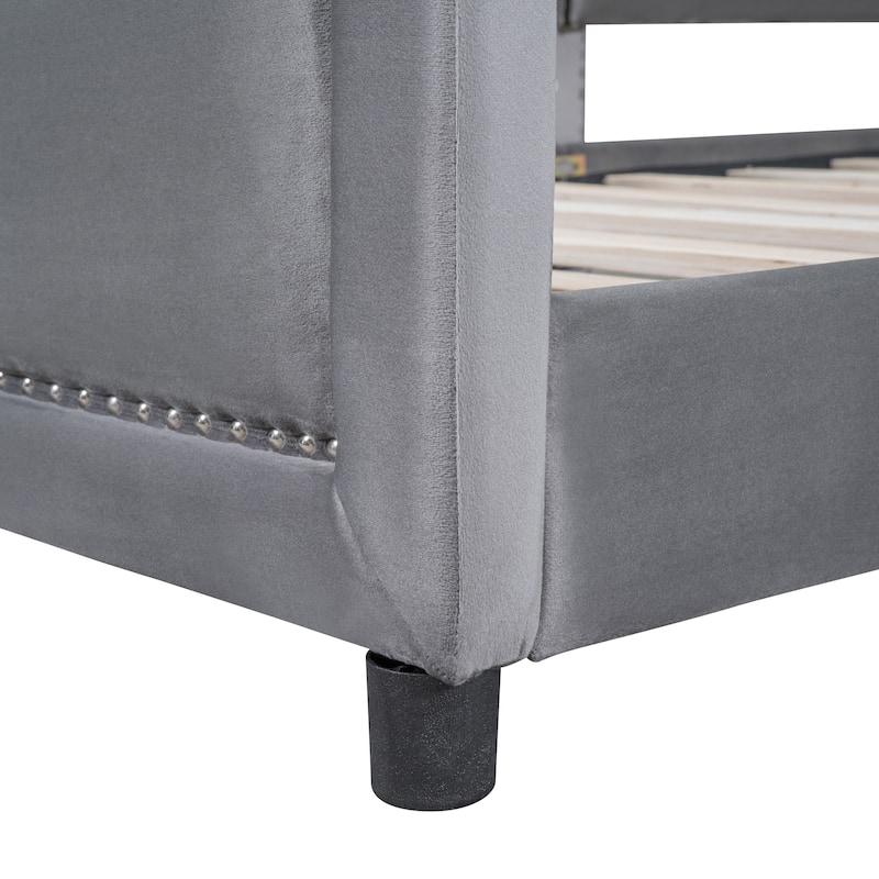 Stripe Shaped Headboard Bed Frame Wood Daybed, Velvet Upholstered Platform Bed with Side Guardrail, Bedroom Furniture Panel Bed