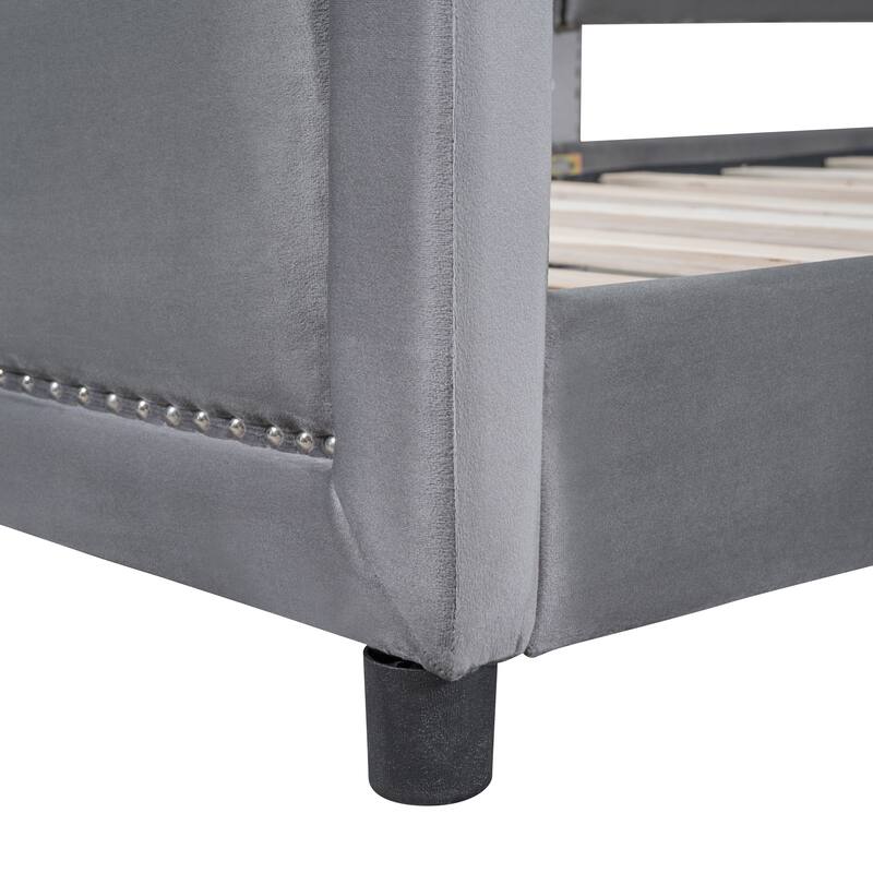 Twin Upholstered Daybed with Scalloped Velvet Headboard, Sturdy Wood Frame, No Box Spring Needed