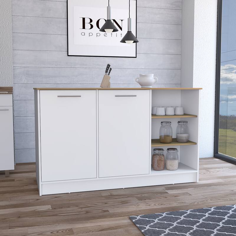 Kitchen Island Two Cabinets, Three Open Shelves, White / Natural Oak - Multicolor