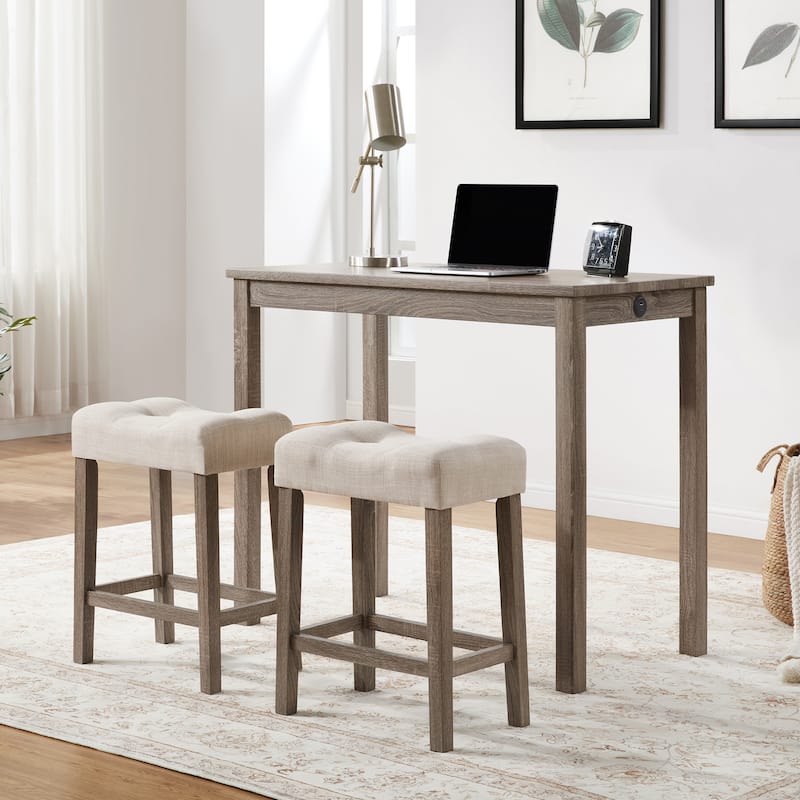 Modern 41.5"L Bar Table with Two 24"H Saddle Counter Stools and Built-in Power Outlets
