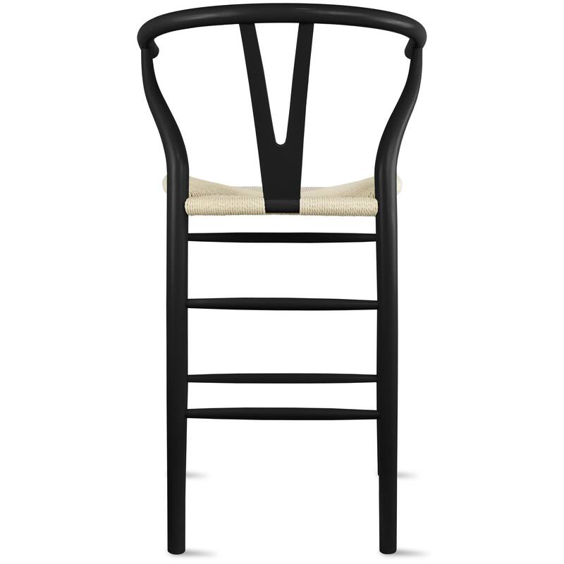 Set of 2 Solid Wood Elbow Barstool with Open Y Back Farmhouse Dining Office Chairs with Woven Beige Seat - N/A
