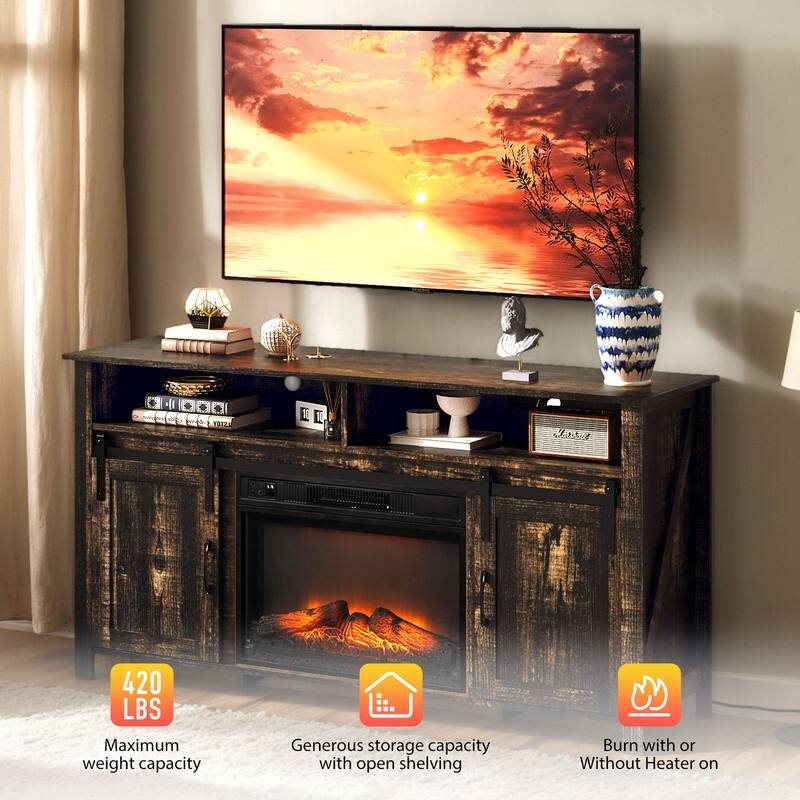 Farmhouse 59.5'' TV Stand For Tvs Up To 70'' With Electric Fireplace and Adjustable Shelves