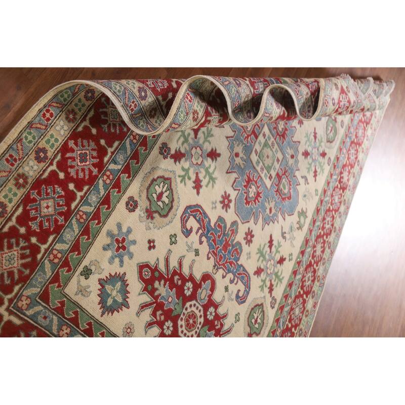 Hand Knotted Oriental 100% Wool Carpet Traditional Geometric Beige & Ivories Kazak Area Rug - 9' 9'' X 6' 7''