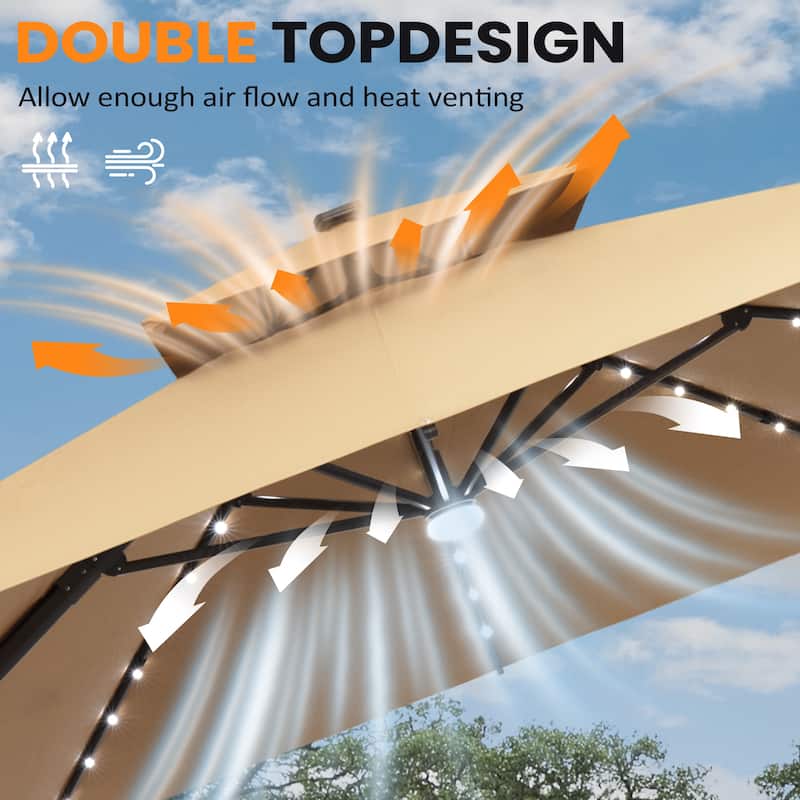 11X11 FT Outdoor Patio Cantilever Umbrella Solar LED Lighted with Wheel Base