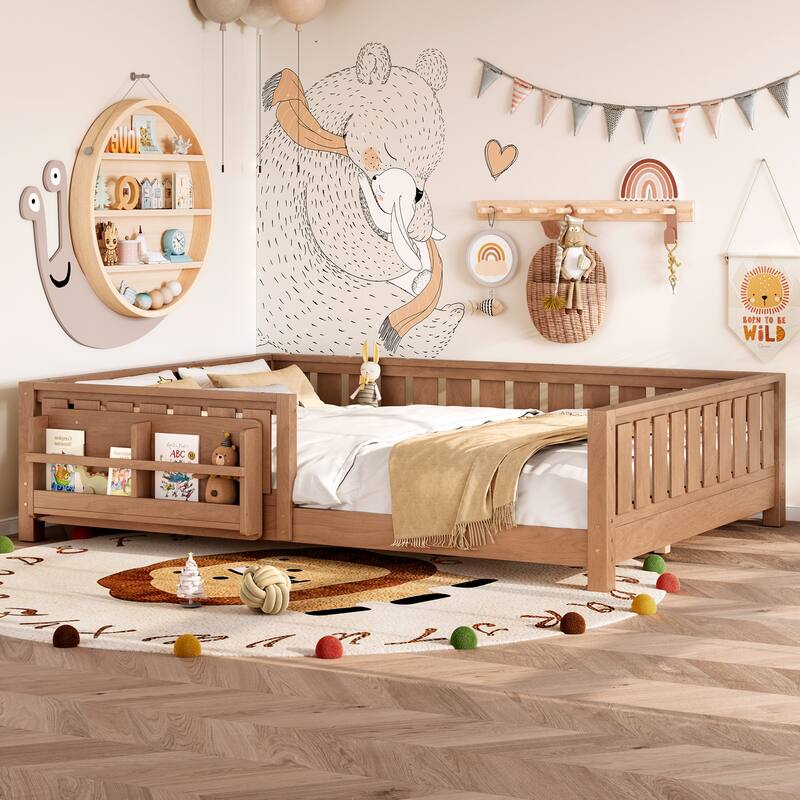 Montessori Floor Bed Low Profile Kids Bed with Rails & Bookshelf