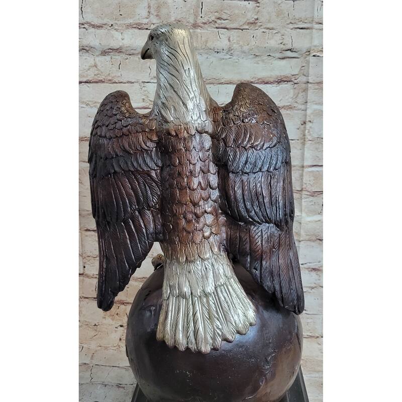 American Bald Eagle Perched On Globe Planet Earth Bronze Statue Sculpture Art
