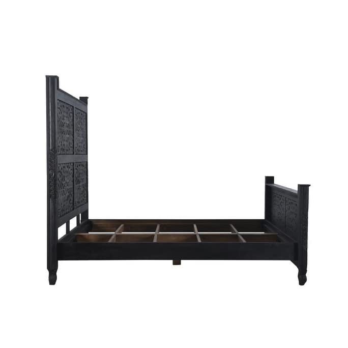 HomeRoots Carved Solid Wood King Black Bed