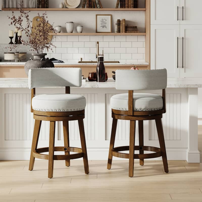 Modern Velvet Swivel Bar Stool - 25" or 30" Counter Height with Adjustable Footrest & Walnut Base, for Kitchen Islands - Set of 2 - Beige - Counter Height