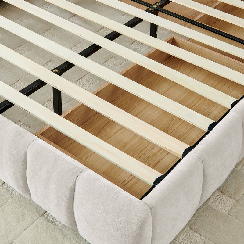 Upholstered Bed Platform King Bed Chenille Upholstered Frame Lattice Tufted Grounded Bed with 4 Bottom Drawers for Bedroom