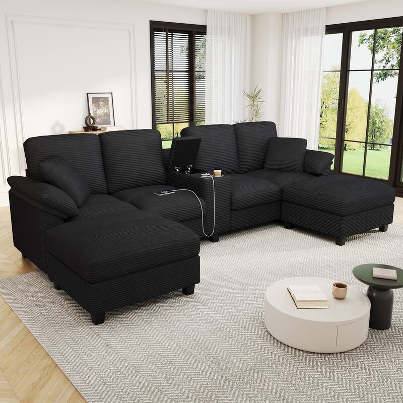 Corduroy Upholstered 4 Seat Sofa, U-shaped Sectional Sofa with Movable Storage Ottomans, Console, Cup Holders and USB Ports