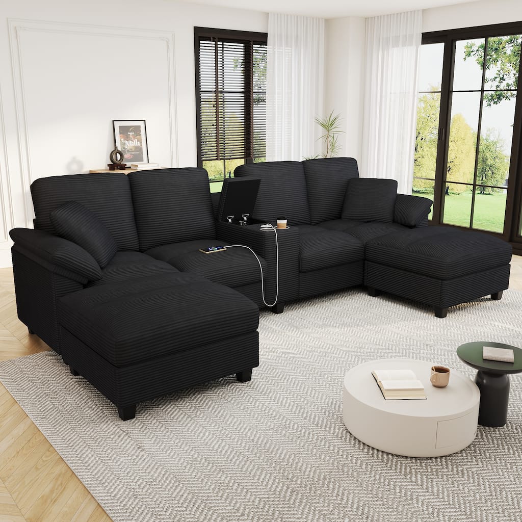 Roomfitters U-Shaped Sectional Sofa 116.9" Corduroy Upholstered Couch with Storage Ottomans, Cup Holders and USB Ports