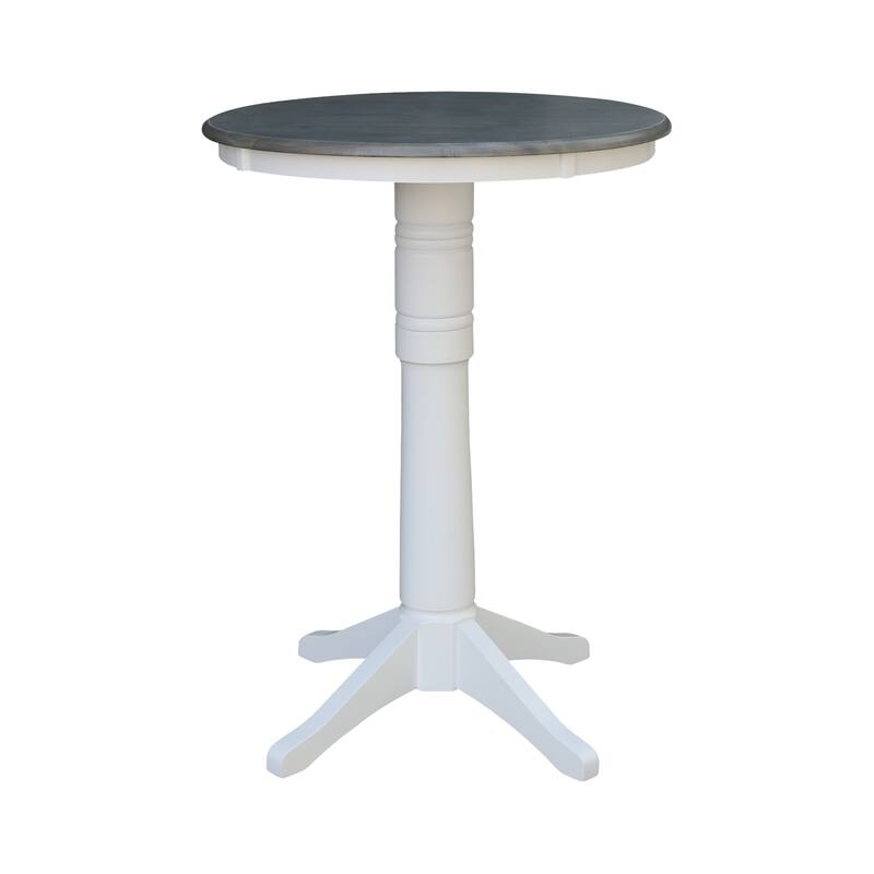 30" round Pedestal Bar Height Table with 2 X-Back Bar Height Stools in White and Heather Gray