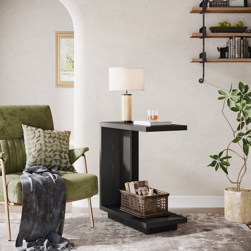 C-Shaped Side Table, 2-Tier Narrow End Table for Living Room, Bedroom