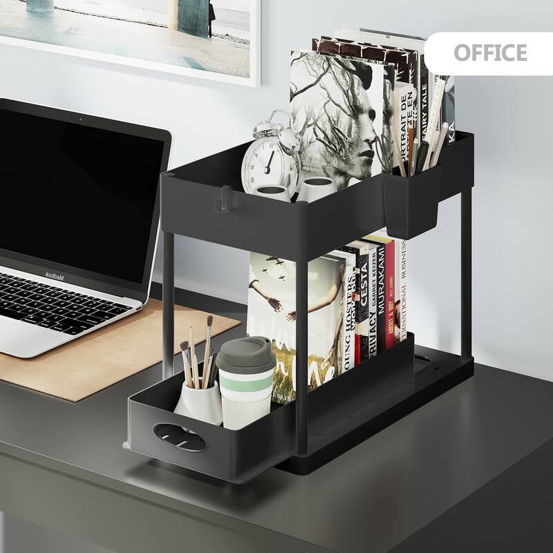 Empyrean 2 Tier Under Kitchen Sink Organizer with Sliding Drawer-Bathroom Cabinet Organizer with Utility Hooks and Side Caddy