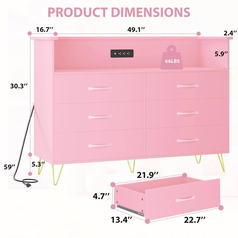 6-Drawer Dresser for Bedroom with LED Lights & Charging Station, Wood Storage Chest with Steel Frame
