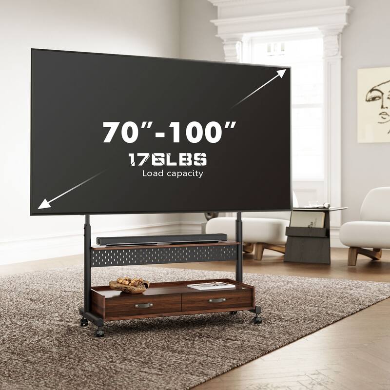 FITUEYES Mobile TV Stand for 70-100 inch Large TVs, Height Adjustable and Multi-functional with Wooden Large Drawer Storage