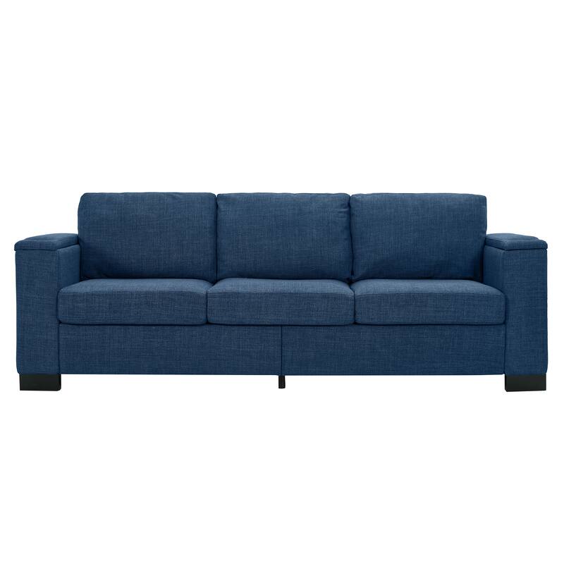 Fabric Upholstered 3 Seater Sofa, Lounge Sofa with Square Arm, Oversized Deep Seat Sofa with Storage & Cup Holders