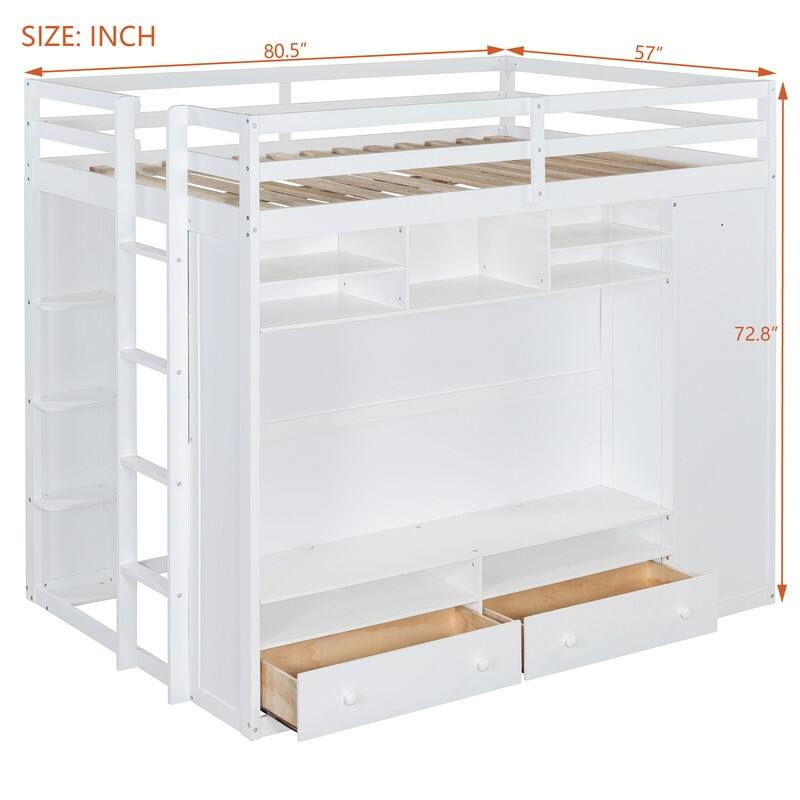 Full Size Loft Bed with LED Light, Wardrobe and 2 Storage Drawers, Solid Wood Loft Bedframe with Open Storage Shelves