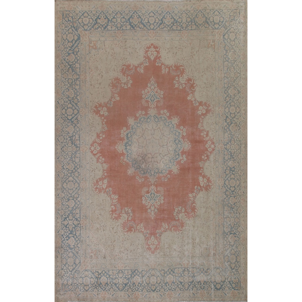 Distressed Kerman Persian Antique Area Rug Hand-knotted Wool Carpet - 9'8" x 12'7"