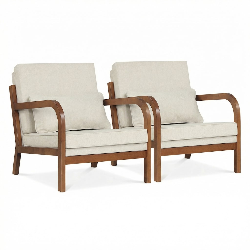 Gymax 2PCS Linen Fabric Upholstered Armchair w/ Lumbar Pillow