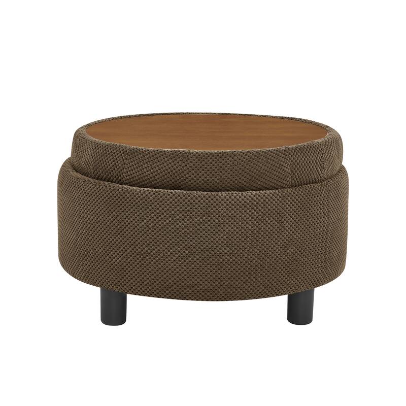 Round Storage Ottoman with Lift-Off Tray and Upholstered Fabric