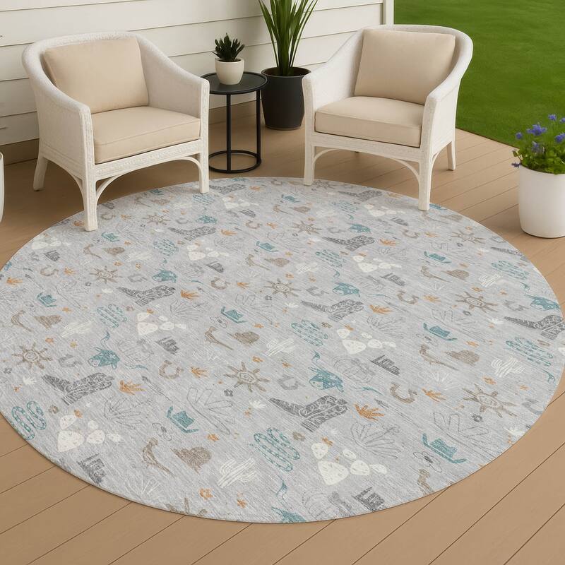 Machine Washable Indoor/ Outdoor Cowboy Ranch Chantille Rug - Silver - 8' x 8'