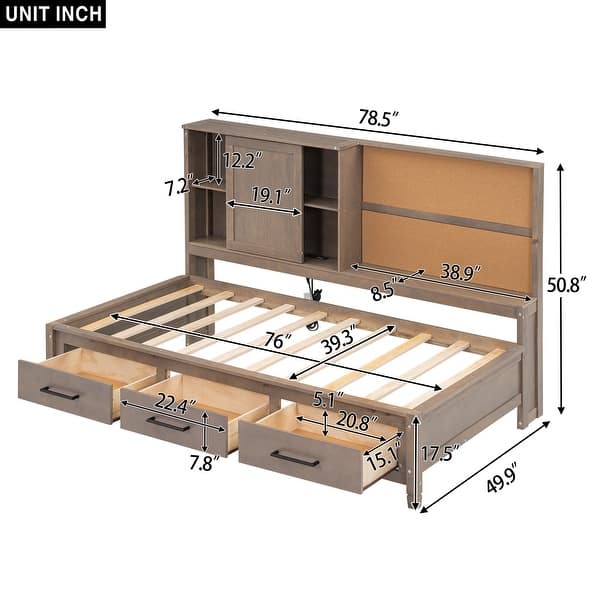 dimension image slide 0 of 2, Daybed Multi-Functional Wood Slat Support Daybed Stylish Bed Frame with 3 Drawers All-in-One Cabinet and Shelf Twin Size