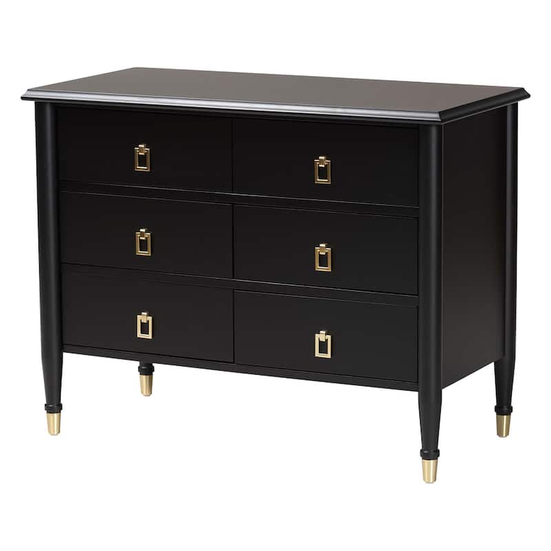 Tamra Black Wood Chest with Drawers - Bedroom Storage Unit with Metallic Accents, 6-Drawer Modern Transitional Bedroom Storage - Black