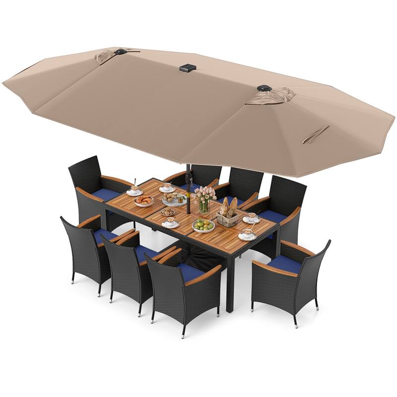 Gymax 11 PCS Patio Dining Set w/ 15ft Double-Sided Patio Umbrella