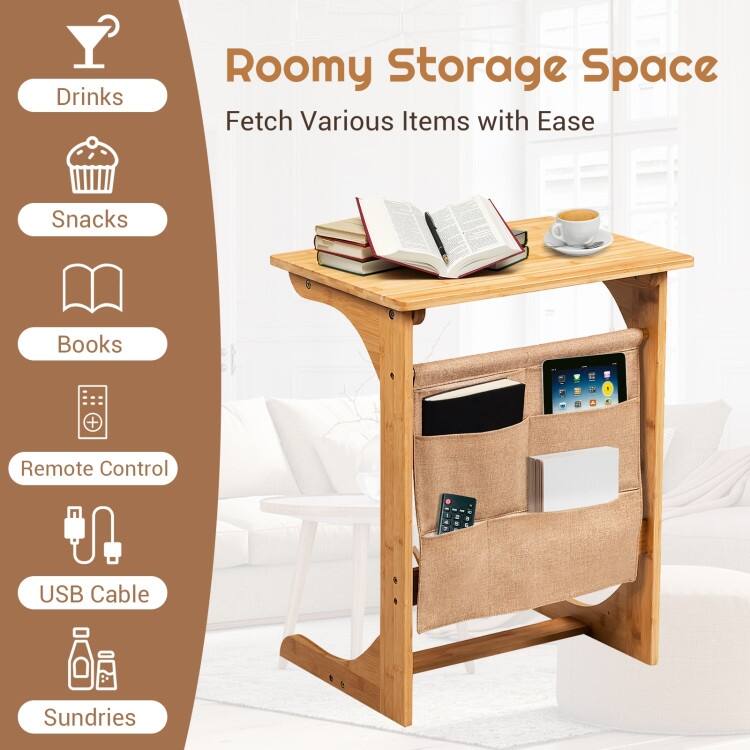 Bamboo Sofa Table End Table Bedside Table with Storage Bag - 19.5" x 14" x 24.5" (L x W x H)