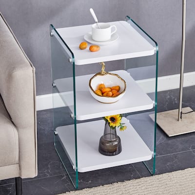 14" Modern Square Side Table with Tempered Glass Legs and Storage Shelfs for Living Room or Bedroom