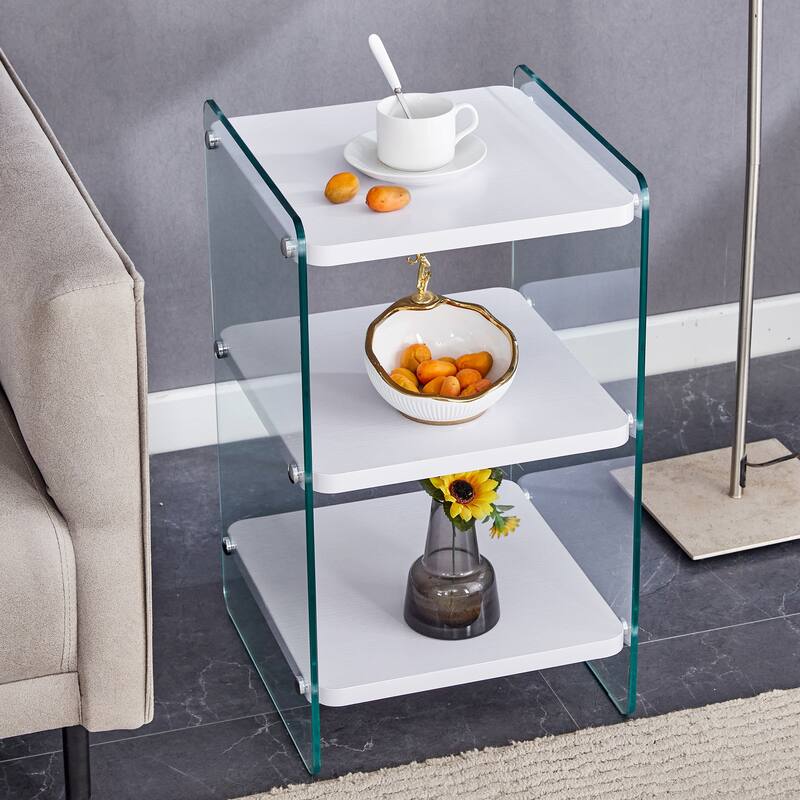Three Levels Of Bedside Tables, Board Surface Is MDF, And Both Sides Are Tempered Glass, With Storage Function - White