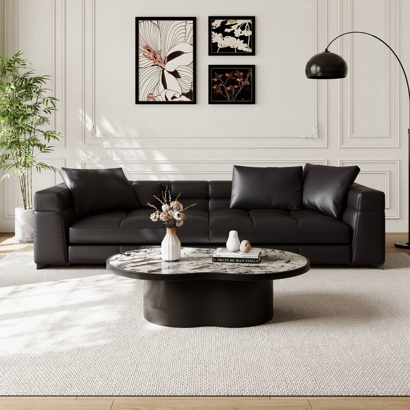 43.31" Round Coffee Table, Glossy Faux Marble Table top, Black Wood Base