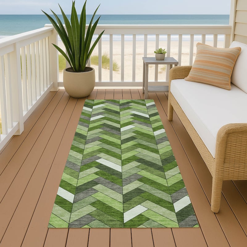 Machine Washable Indoor/ Outdoor Modern Chevron Chantille Rug - Olive - 2'3" x 7'6"