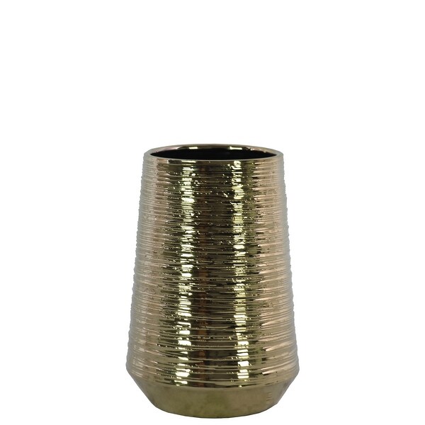 Round Ceramic Vase With Combed Design, Small, Gold