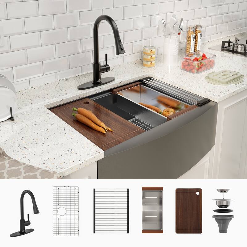 Farmhouse/Apron-Front Nano PVD Gunmetal Black Stainless Steel Workstation Kitchen Sink with 2-Function Pull-Down Kitchen Faucet