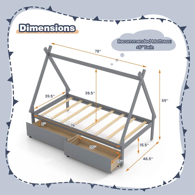 Kids Twin Size Wooden House-Shaped Platform Bed with Storage Drawers for Boys and Girls