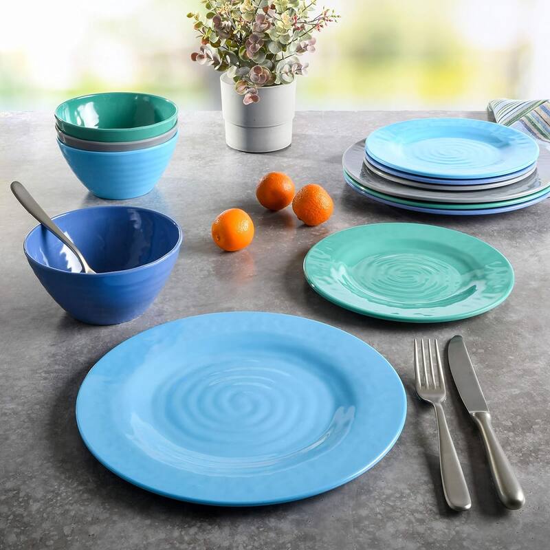Dubci 12 Piece Assorted Blue Round Melamine Dinnerware Set