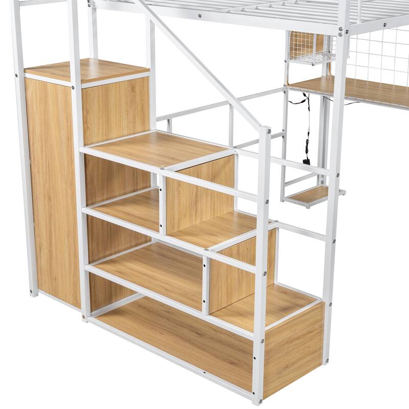 Full Size Metal Loft Bed with Desk, LED-Lit Shelves, Built-in Wardrobe, and Storage Stairs, Workstation Combo for Kids or Teens