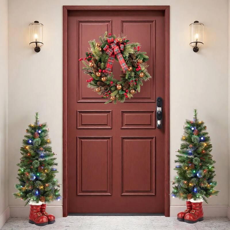 Glitzhome 4.5ft LED Lighted Christmas Tree with Santa Boots Base, Berry Bow Wreath, Garland Set for Front Door Entryway